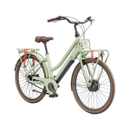A step-through electric bicycle in a light sage green color, featuring brown leather saddle and grips, brown tires, and red reflectors, shown against a plain white background.