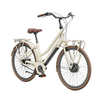 A Lekker Jordaan step-through electric bicycle with an off-white frame, brown saddle and tires, and black handlebars, shown on a plain white background.