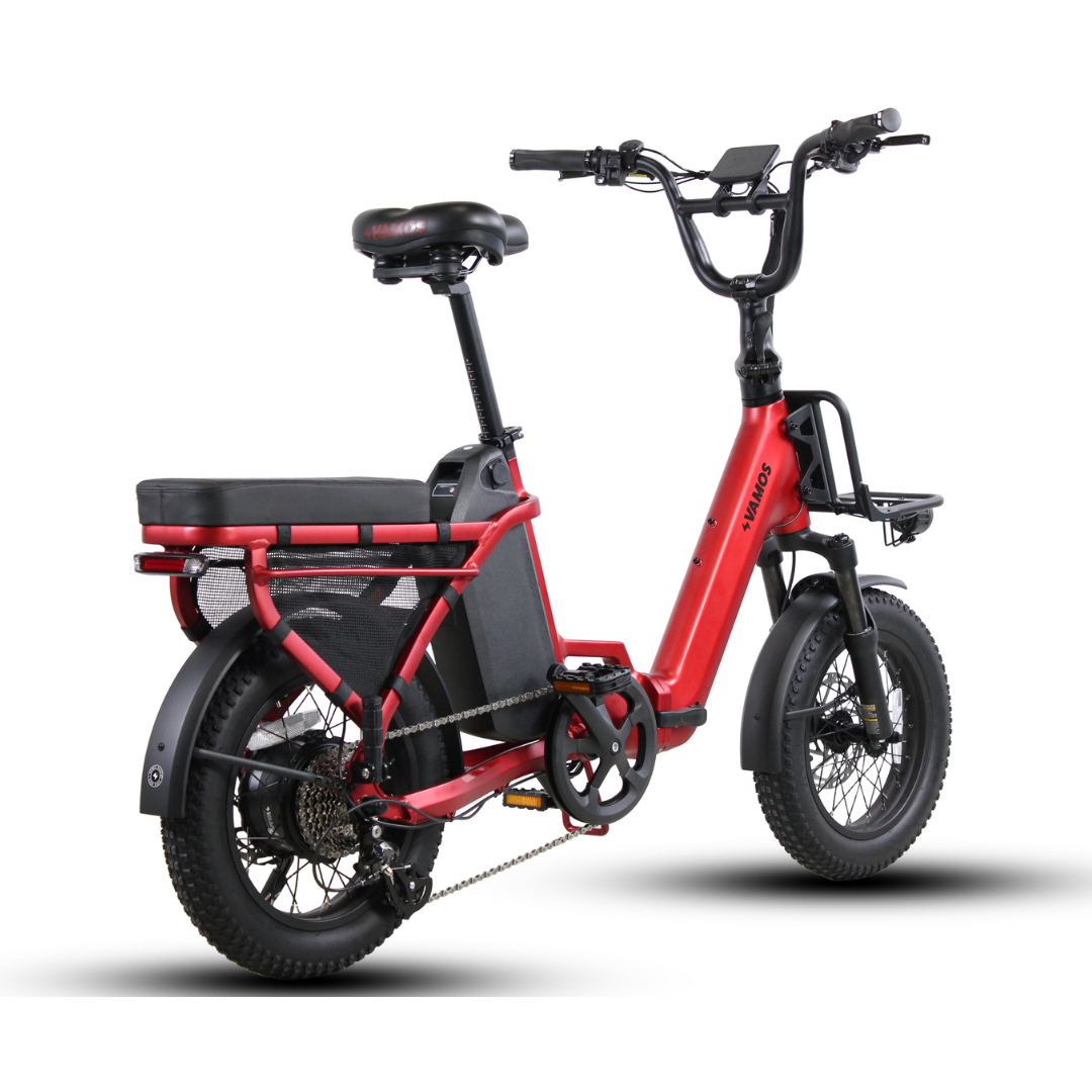 Red Vamos Doblez Folding Compact Electric Fat Tyre Bike Right Rear View
